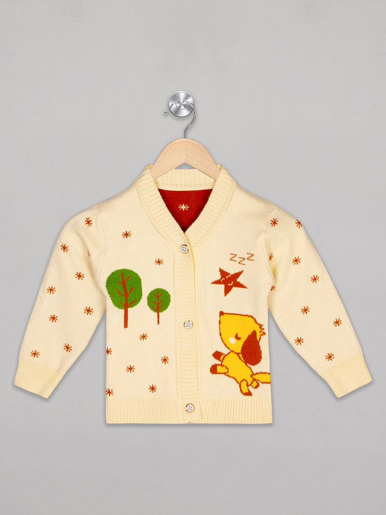 Cream front open v neck  full sleeves sweater for infants