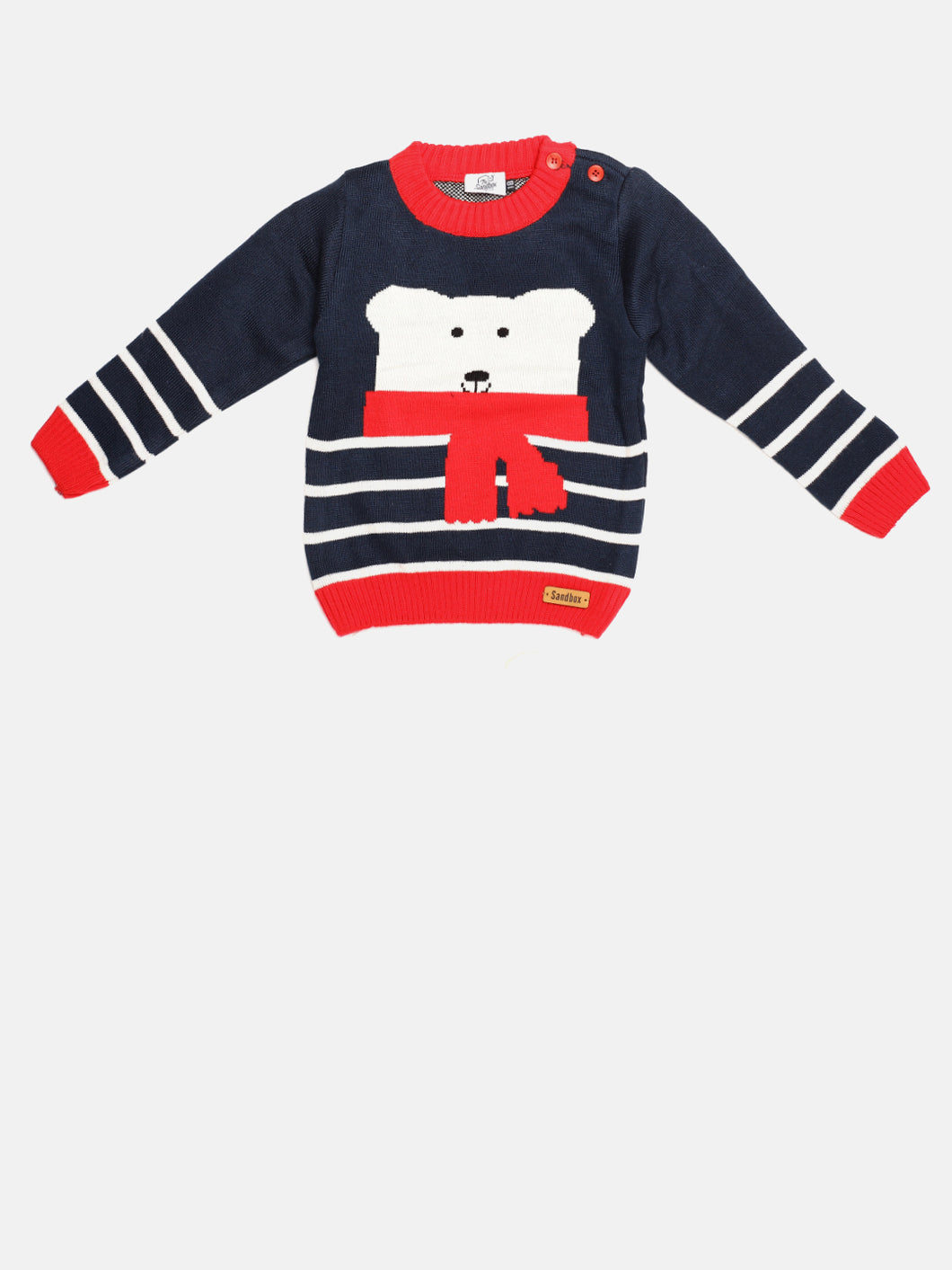 Boys winter woolen full sleeves round neck  sweater in navy, white and red combination