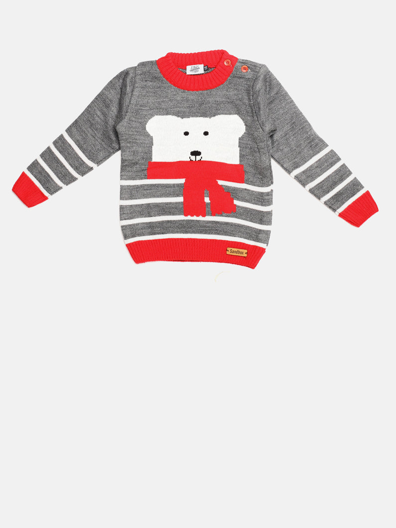 Boys winter woolen full sleeves round neck stripes sweater in grey, red and white combination