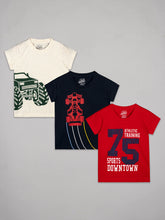 Load image into Gallery viewer, Pack of 3 round neck half sleeves tshirt - red , navy and beige. Car , truck and 75 printed on them
