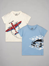 Load image into Gallery viewer, Beige round neck half sleeves tshirt with aeroplane printed on chest. Blue half sleeves boys tshirt with car printed on it
