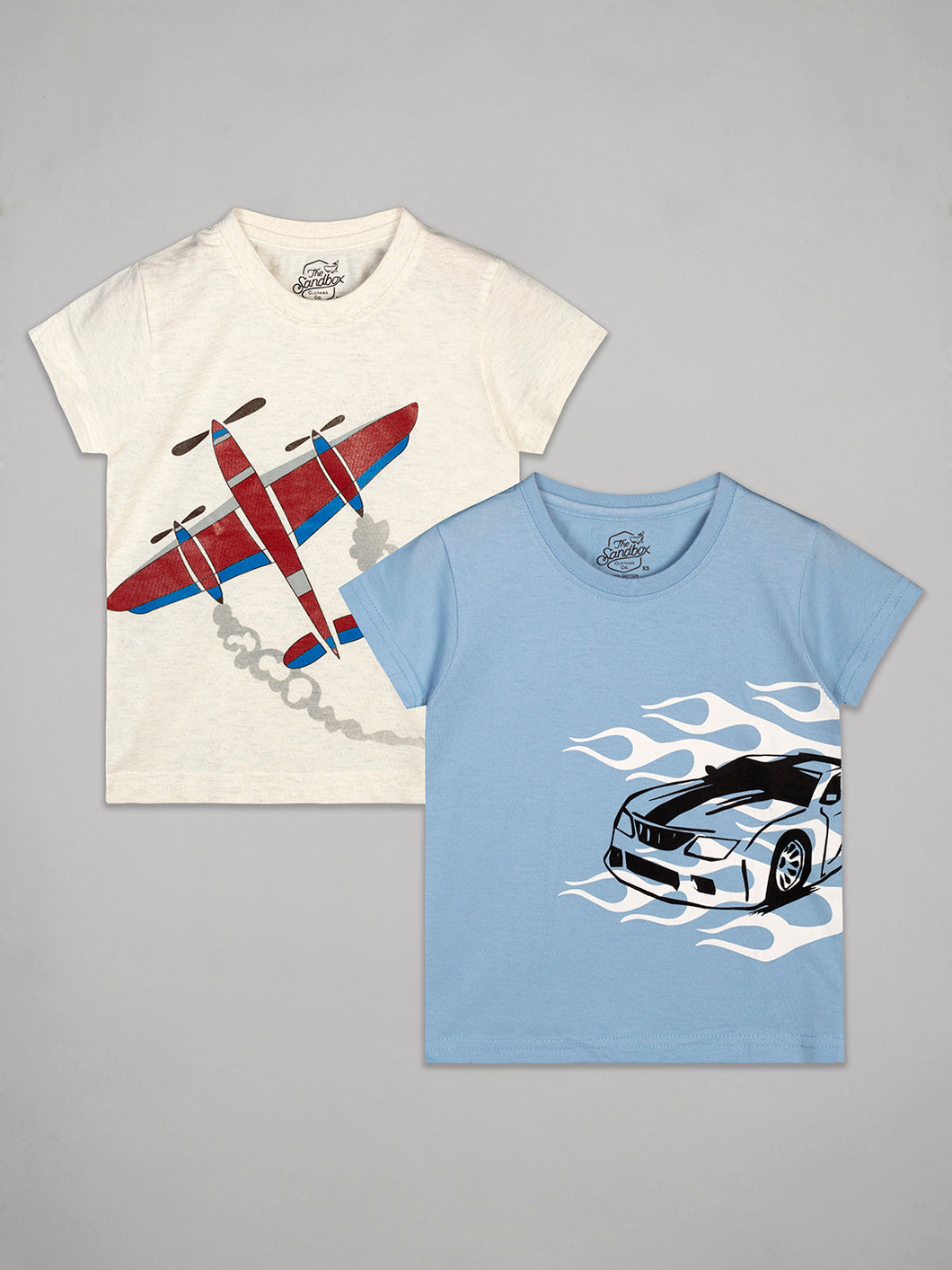 Beige round neck half sleeves tshirt with aeroplane printed on chest. Blue half sleeves boys tshirt with car printed on it