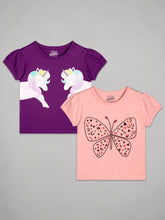 Load image into Gallery viewer, Purple round neck half sleeves tshirt with unicorn printeed along with pink butterfly printed girls tshirt

