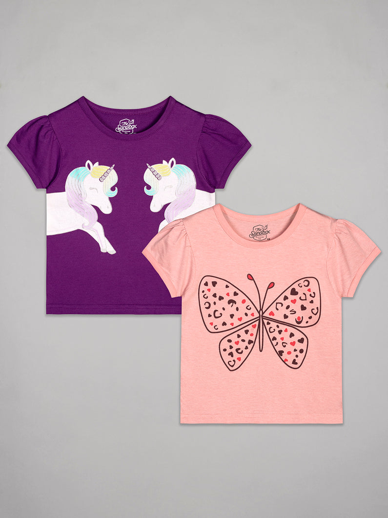 Purple round neck half sleeves tshirt with unicorn printeed along with pink butterfly printed girls tshirt
