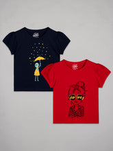 Load image into Gallery viewer, Navy round neck girls tshirt with half sleeves and girl holding an umbrella printed. Red round neck half sleeves tshirt with girl wearing love sunglasses printed on it
