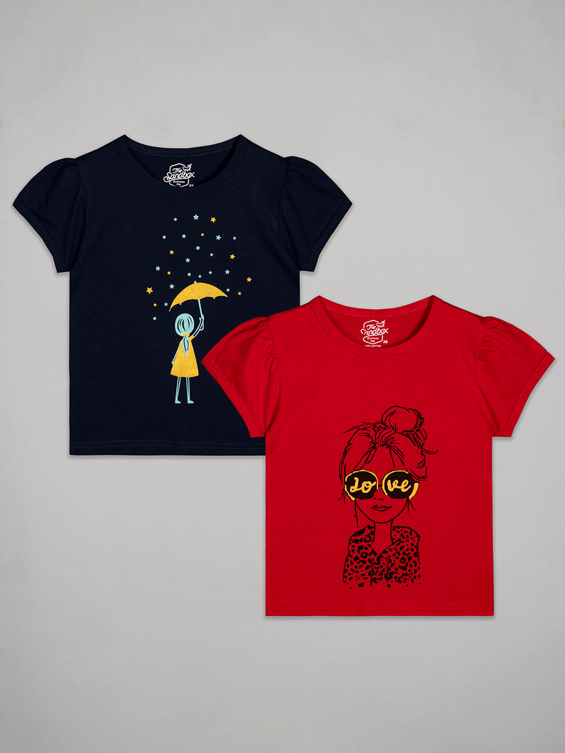 Navy round neck girls tshirt with half sleeves and girl holding an umbrella printed. Red round neck half sleeves tshirt with girl wearing love sunglasses printed on it
