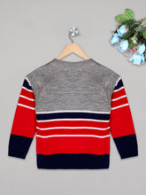Load image into Gallery viewer, Boys winter woolen full sleeves round neck stripes sweater in grey, white, red and navy combination
