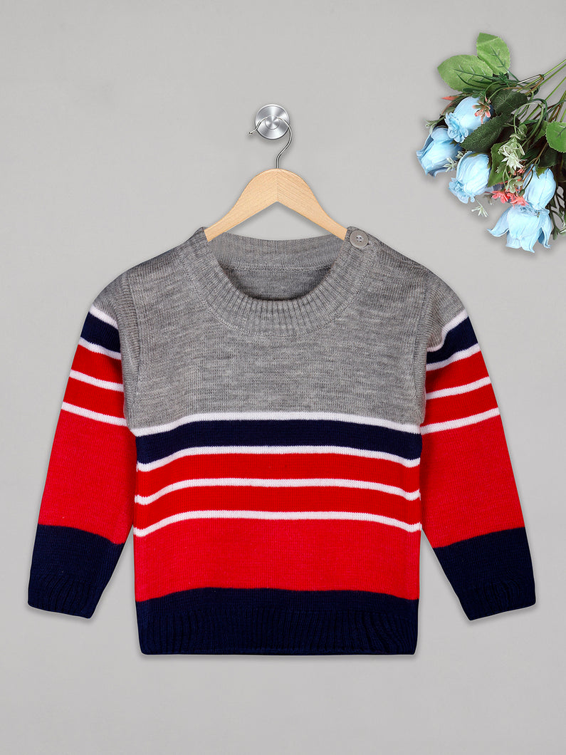 Boys winter woolen full sleeves round neck stripes sweater in grey, white, red and navy combination
