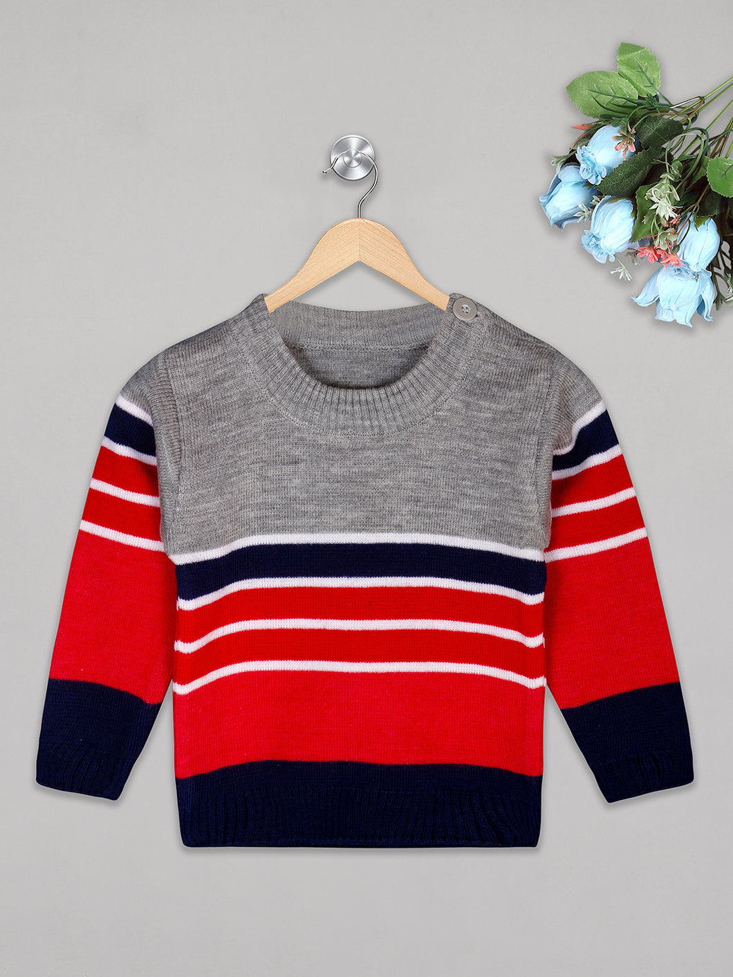 Boys winter woolen full sleeves round neck  stripes sweater in navy, white and grey combination