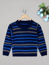 Load image into Gallery viewer, Boys winter woolen full sleeves round neck stripes sweater in navy, blue and grey combination

