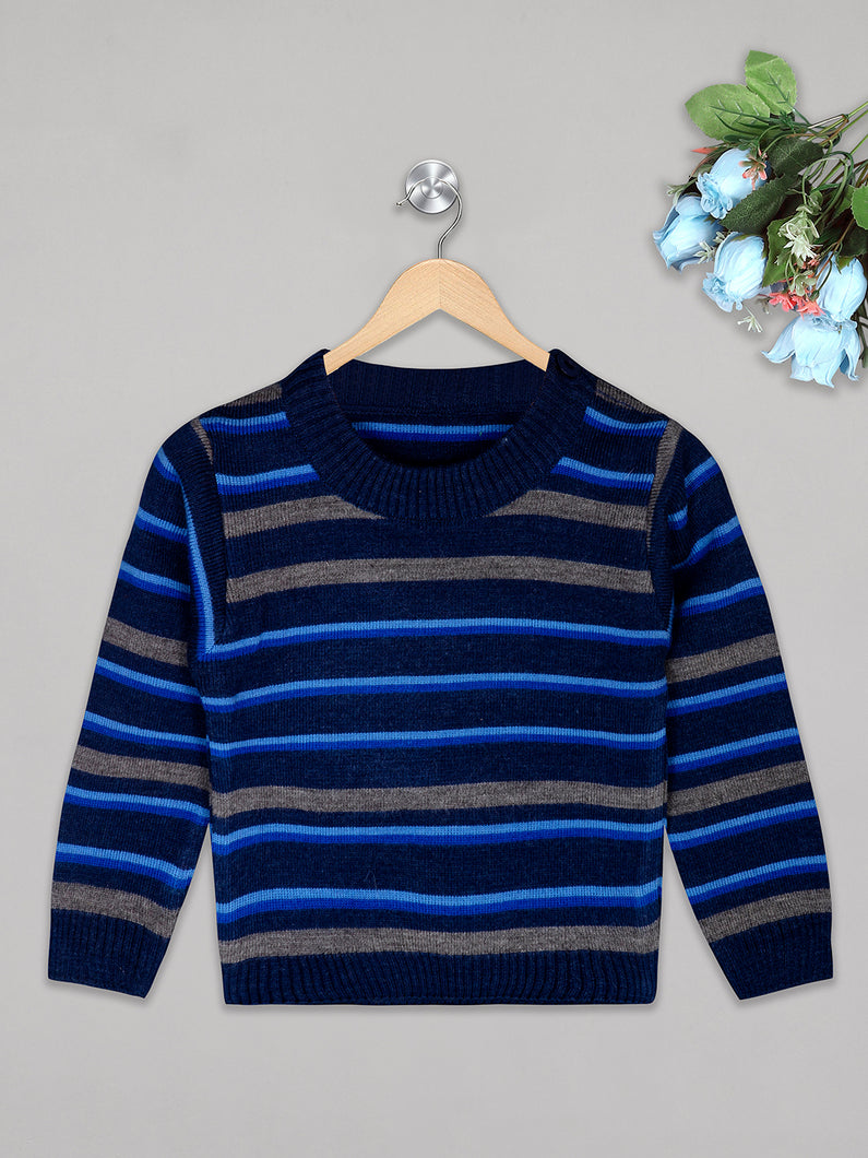 Boys winter woolen full sleeves round neck stripes sweater in navy, blue and grey combination