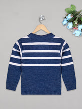 Load image into Gallery viewer, Boys winter woolen full sleeves round neck stripes sweater in navy and white combination
