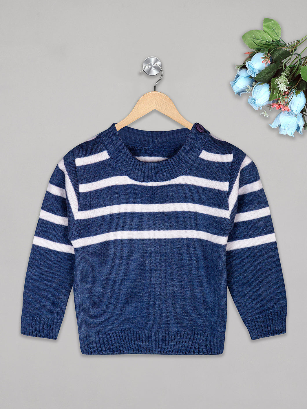 Boys winter woolen full sleeves round neck stripes sweater in navy and white combination