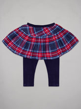 Load image into Gallery viewer, Red and navy checks skirt with elastic waist and black bottoms attached together for girls
