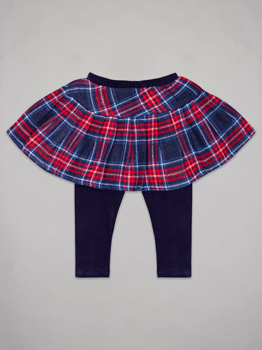 Red and navy checks skirt with elastic waist and black bottoms attached together for girls