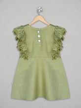 Load image into Gallery viewer, Solid green knee length dress for girls with three back button closure and pom pom detailing
