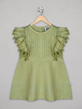 Load image into Gallery viewer, Solid green knee length dress for girls with pom pom detailing
