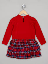 Load image into Gallery viewer, Red 3/4th sleeves dress for girls with crew neck and single button closure
