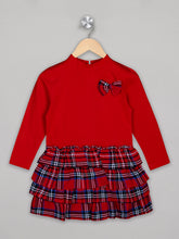 Load image into Gallery viewer, 3/4th Sleeves red plain and checks knee length frock for girls with side bow and crew neck
