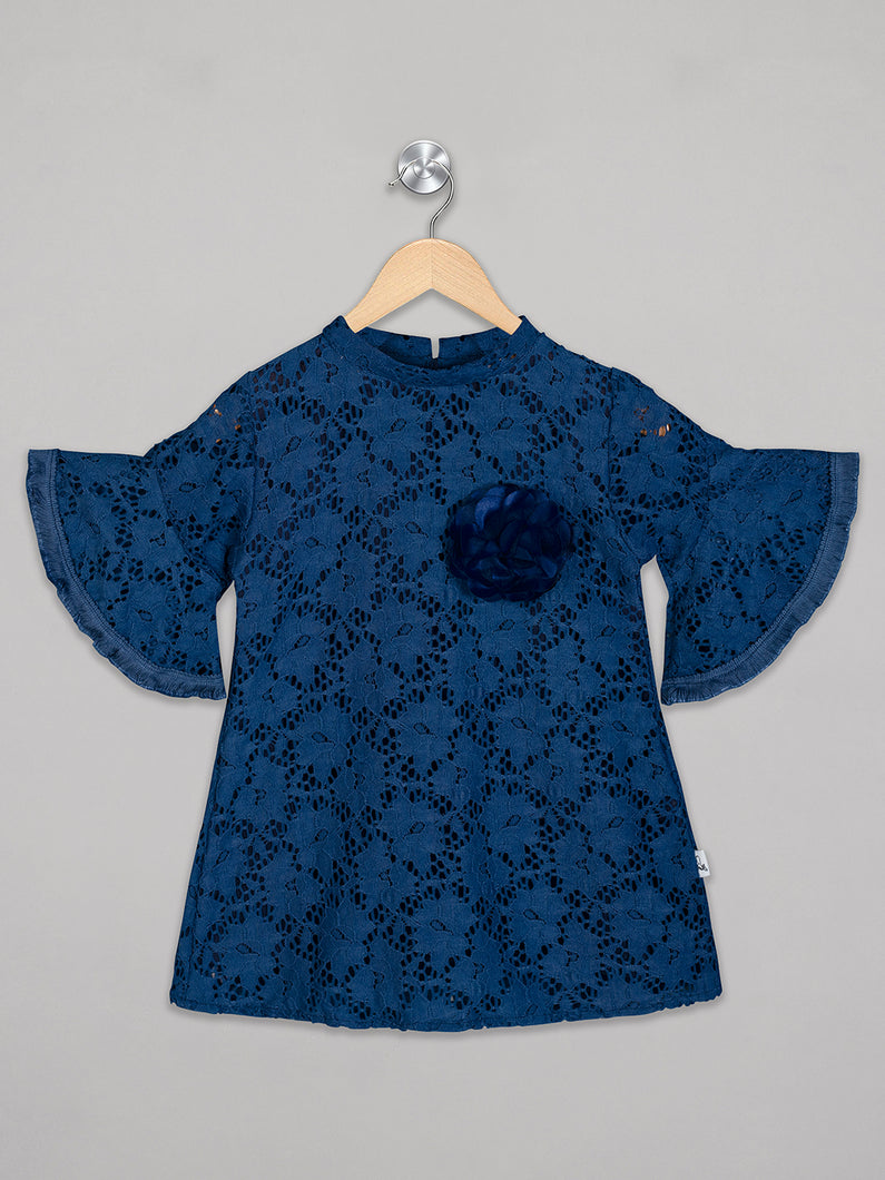 Crew neck blue color bell sleeves frock for girls with flower attachment