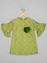 Load image into Gallery viewer, Green knee length net frock with bell sleeves and flower attachment for girls
