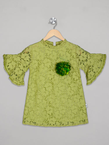 Green knee length net frock with bell sleeves and flower attachment for girls