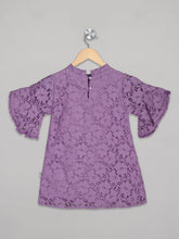 Load image into Gallery viewer, Purple crew neck bell sleeves net dress for girls with two back buttons
