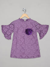 Load image into Gallery viewer, Purple bell sleeves crew neck net dress for girls with flower attachment
