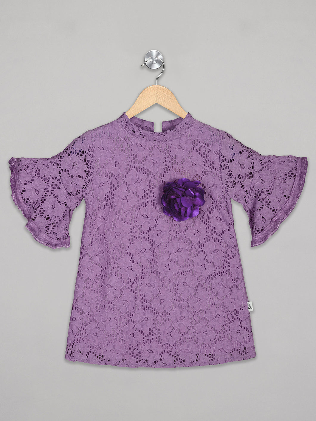 Purple bell sleeves crew neck net dress for girls with flower attachment