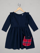 Load image into Gallery viewer, 3/4th Sleeves navy knee length frock for girls with bag
