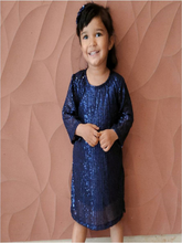 Load image into Gallery viewer, Girl wearing navy sequence 3/4th sleeves knee length party frock
