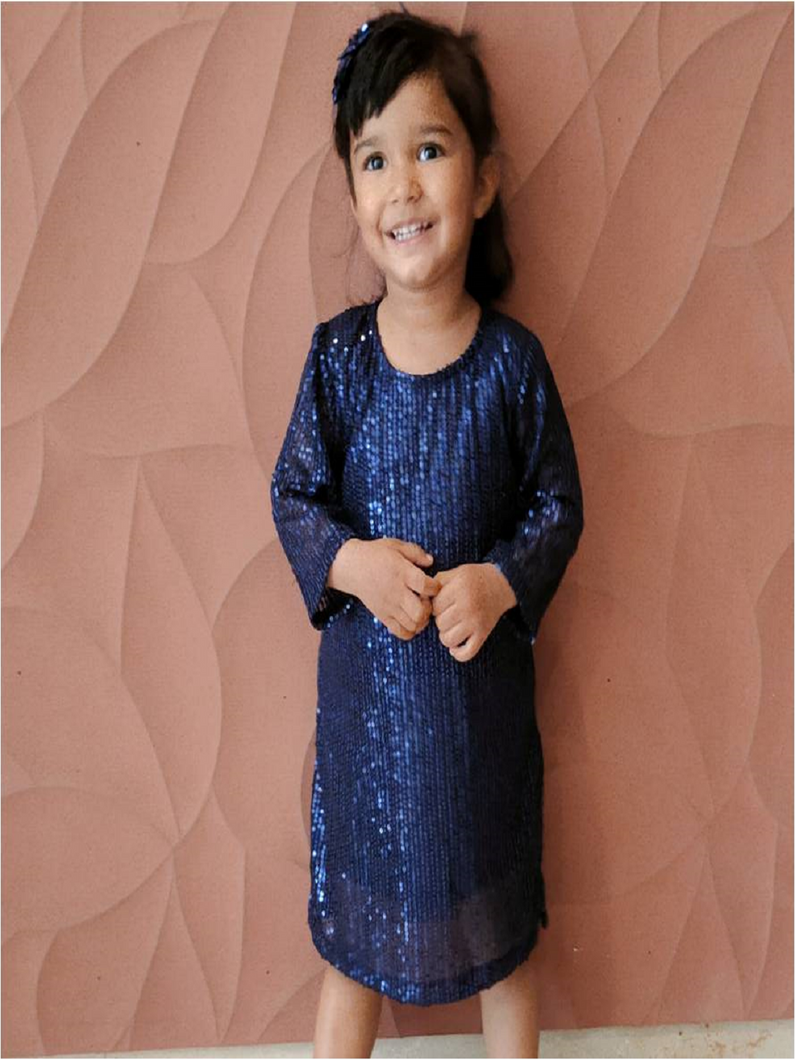 Girl wearing navy sequence 3/4th sleeves knee length party frock
