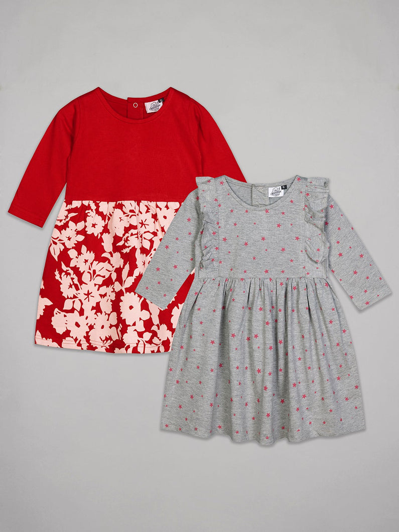 Pack of two grey and red knee length 3/4th sleeves dress for girls