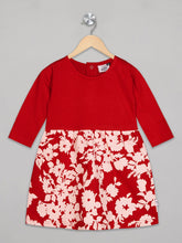 Load image into Gallery viewer, Round neck 3/4th sleeves red and white floral knee length frock for girls
