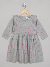Load image into Gallery viewer, Round neck 3/4th sleeves grey and pink star knee length dress for girls

