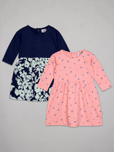 Load image into Gallery viewer, Pack of 2 round neck 3/4th sleeves heart and floral print pink and navy knee length girls dress
