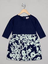 Load image into Gallery viewer, Round neck 3/4th sleeves floral white and navy knee length dress for girls
