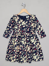 Load image into Gallery viewer, Round neck 3/4th sleeves floral navy white and red knee length frock for girls

