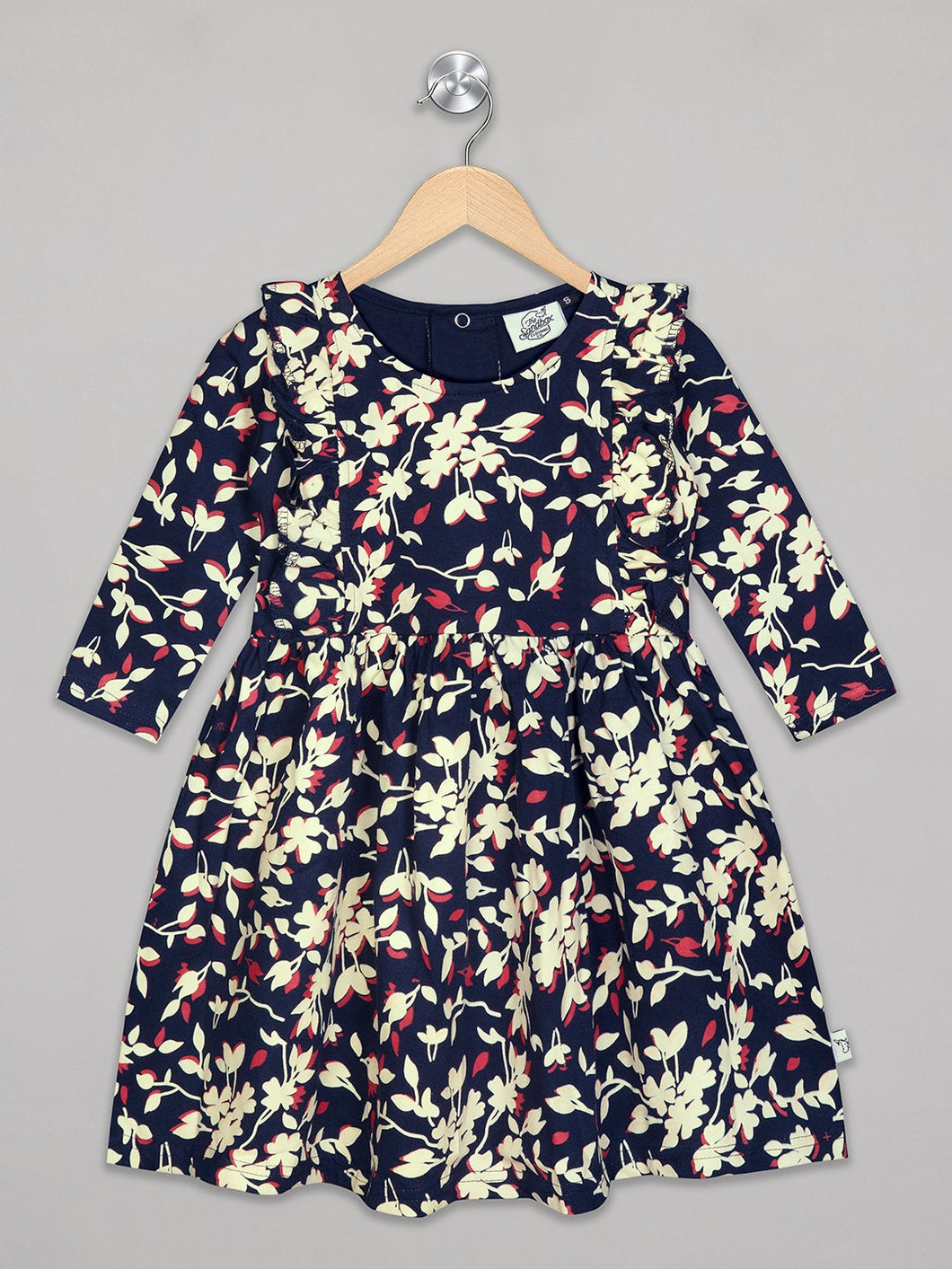 Round neck 3/4th sleeves floral navy white and red knee length frock for girls