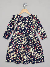 Load image into Gallery viewer, Round neck 3/4th sleeves white navy and red floral dress for girls
