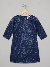 Load image into Gallery viewer, Round neck 3/4th sleeves A line navy sequence party frock for girls
