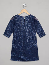 Load image into Gallery viewer, Round neck 3/4th sleeves knee length navy sequence frock with button closure
