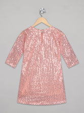 Load image into Gallery viewer, Round neck 3/4th sleeves sequence pink party frock for girls with button closure
