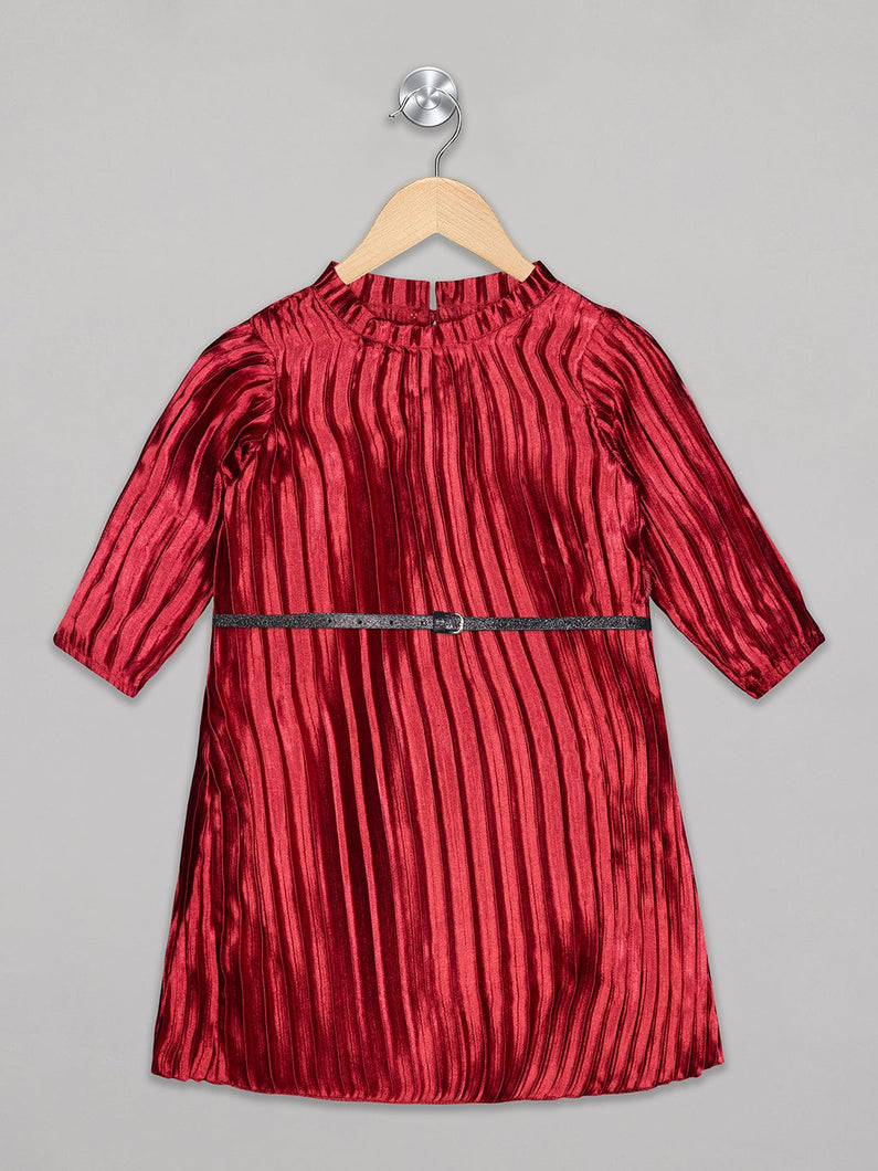 Maroon color pleated crew neck 3/4th sleeves knee length dress for girls with black glitter belt