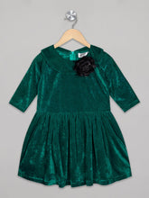 Load image into Gallery viewer, Green color 3/4th sleeves velvet party frock for girls with black flower attachment on the neck
