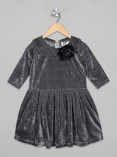 Load image into Gallery viewer, 3/4th sleeves grey velvet knee length party frock for girls with black bow attachment 
