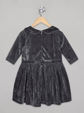 Load image into Gallery viewer, 3/4th sleeves grey velvet party dress for girls with back tie belt and zip
