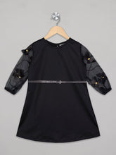 Load image into Gallery viewer, Round neck 3/4th sleeves black knee length frock for girls with glitter belt
