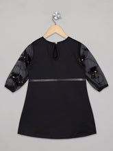 Load image into Gallery viewer, Round neck 3/4th net sleeves knee length black frock for girl with belt
