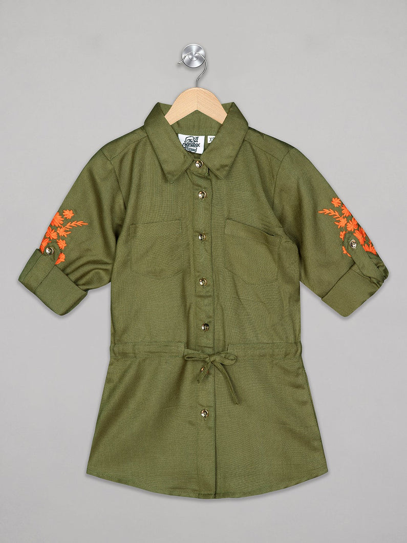 Olive color front open frock for girls with embroidered sleeves 
